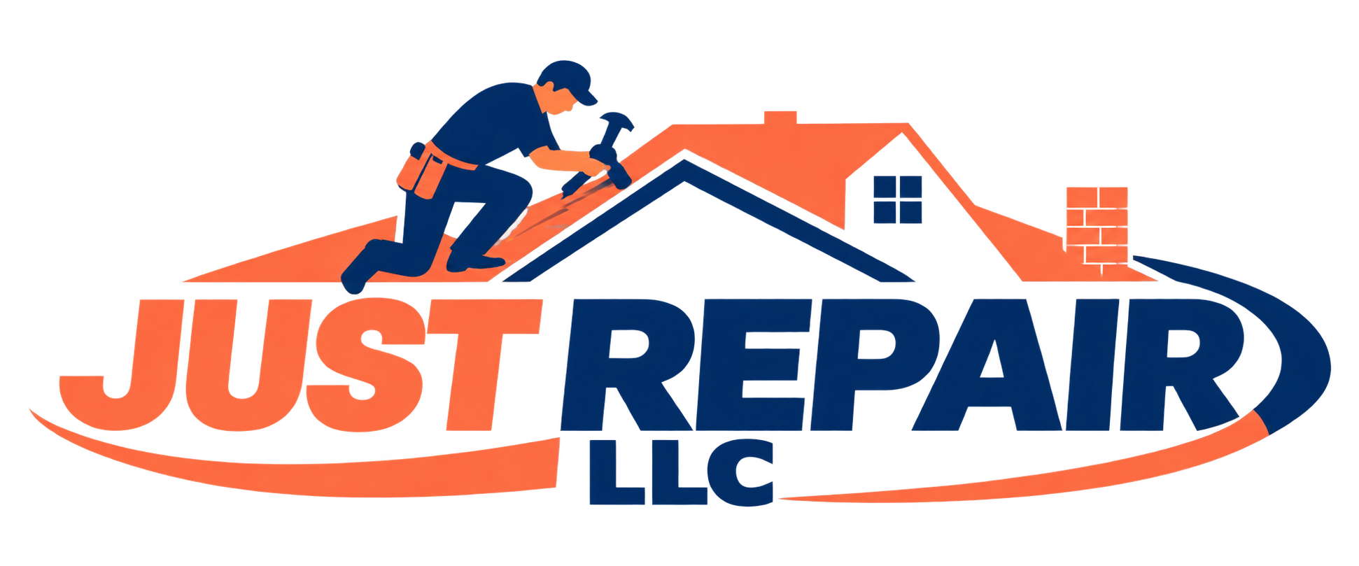 Just Repair LLC logo with one roofer on a peach roof